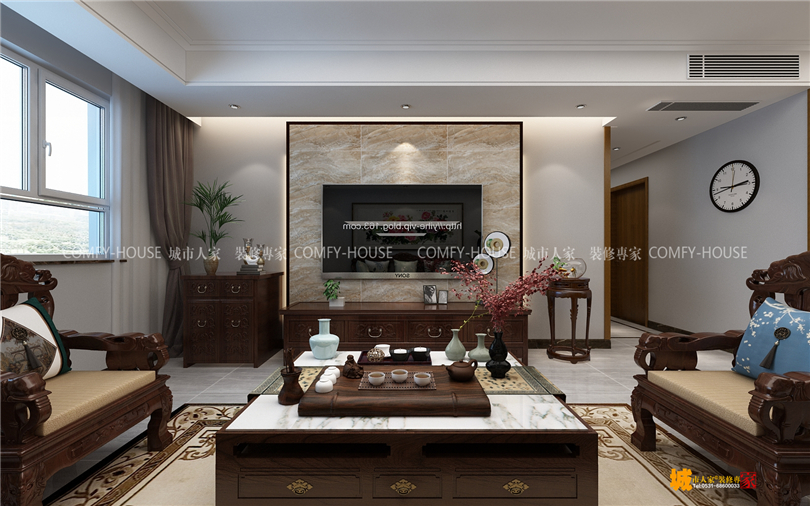 山水泉城135㎡三室两厅现代中式风格装修实例